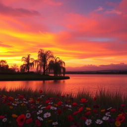 A beautiful landscape depicting a serene sunset over a tranquil lake, with the sky ablaze in hues of orange, pink, and purple
