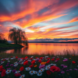 A beautiful landscape depicting a serene sunset over a tranquil lake, with the sky ablaze in hues of orange, pink, and purple