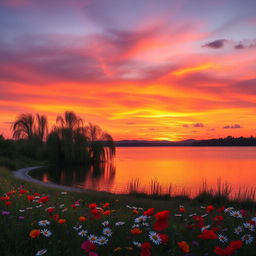 A beautiful landscape depicting a serene sunset over a tranquil lake, with the sky ablaze in hues of orange, pink, and purple