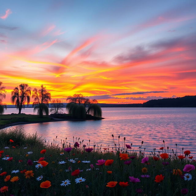 A beautiful landscape depicting a serene sunset over a tranquil lake, with the sky ablaze in hues of orange, pink, and purple