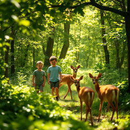 A serene scene depicting two young boys in a lush, green forest, carefully following a graceful group of deer