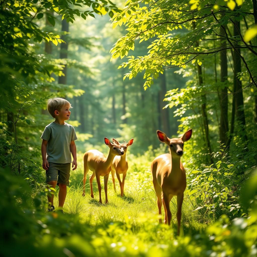 A serene scene depicting two young boys in a lush, green forest, carefully following a graceful group of deer