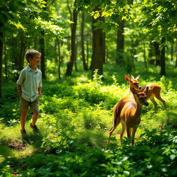 A serene scene depicting two young boys in a lush, green forest, carefully following a graceful group of deer
