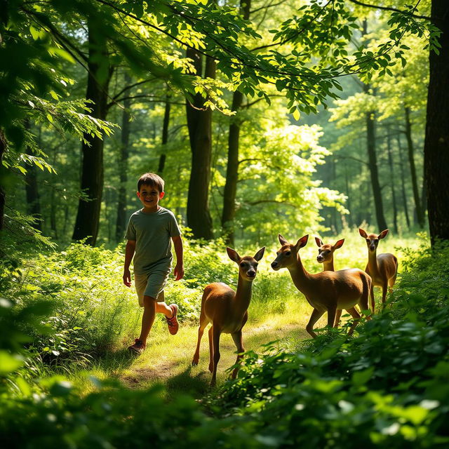 A serene scene depicting two young boys in a lush, green forest, carefully following a graceful group of deer