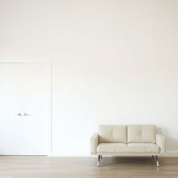 A minimalist bedroom interior featuring a plain white wall