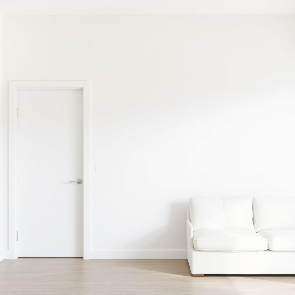 A minimalist bedroom interior featuring a plain white wall