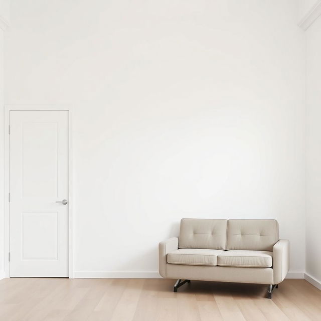 A minimalist bedroom interior featuring a plain white wall