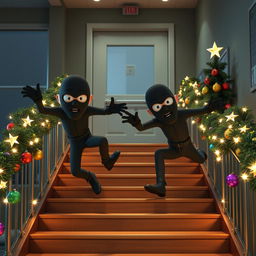 Two friendly-looking masked male thieves, designed to appear more comical than scary, are slipping and falling on a staircase inside a modern school