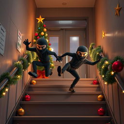 Two friendly-looking masked male thieves, designed to appear more comical than scary, are slipping and falling on a staircase inside a modern school