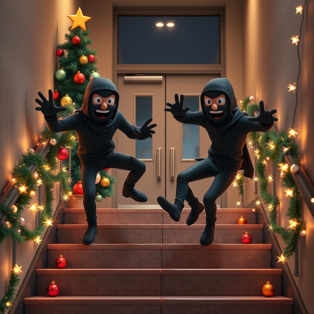 Two friendly-looking masked male thieves, designed to appear more comical than scary, are slipping and falling on a staircase inside a modern school