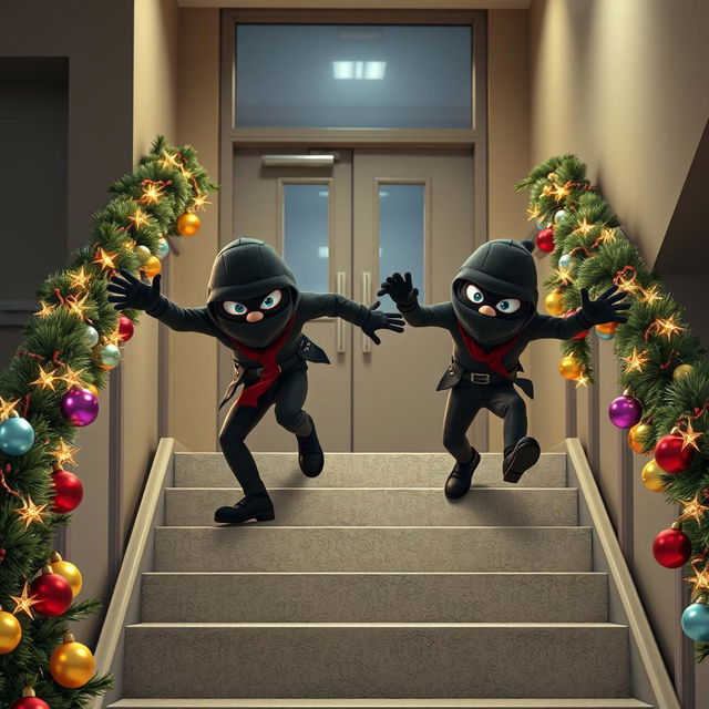 Two friendly-looking masked male thieves, designed to appear more comical than scary, are slipping and falling on a staircase inside a modern school