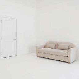 A minimalist bedroom interior featuring a clean, white wall