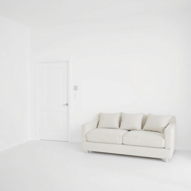 A minimalist bedroom interior featuring a clean, white wall