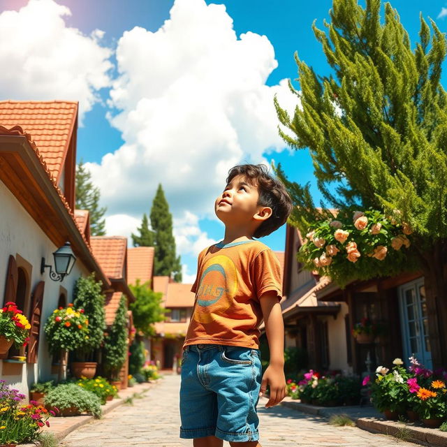 A young boy standing in a quaint village, gazing up at a vibrant blue sky filled with fluffy white clouds