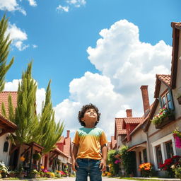 A young boy standing in a quaint village, gazing up at a vibrant blue sky filled with fluffy white clouds