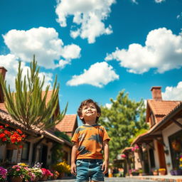 A young boy standing in a quaint village, gazing up at a vibrant blue sky filled with fluffy white clouds