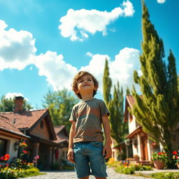 A young boy standing in a quaint village, gazing up at a vibrant blue sky filled with fluffy white clouds