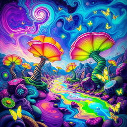 A vibrant and surreal psychedelic landscape featuring swirling colors, fantastical shapes, and dreamlike patterns