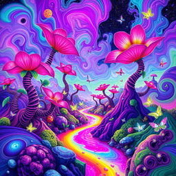 A vibrant and surreal psychedelic landscape featuring swirling colors, fantastical shapes, and dreamlike patterns