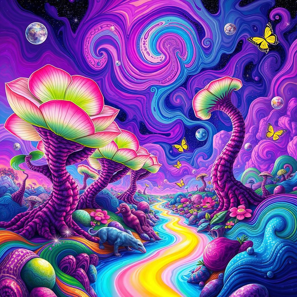 A vibrant and surreal psychedelic landscape featuring swirling colors, fantastical shapes, and dreamlike patterns