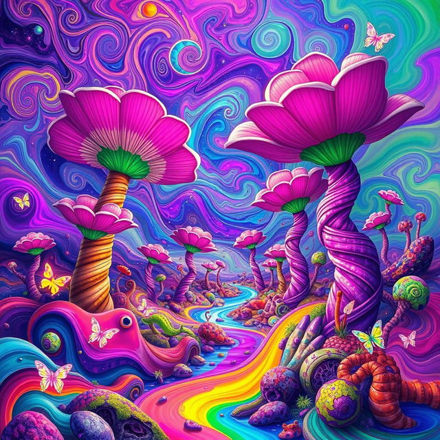 A vibrant and surreal psychedelic landscape featuring swirling colors, fantastical shapes, and dreamlike patterns