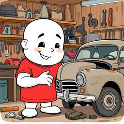 A white cartoon character wearing a vivid red T-shirt, focused on repairing an old, broken car in a garage setting
