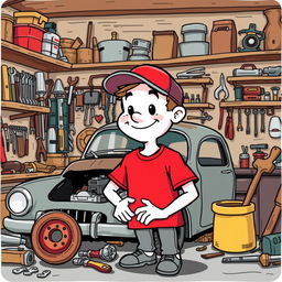 A white cartoon character wearing a vivid red T-shirt, focused on repairing an old, broken car in a garage setting