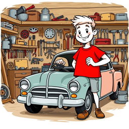 A white cartoon character wearing a vivid red T-shirt, focused on repairing an old, broken car in a garage setting