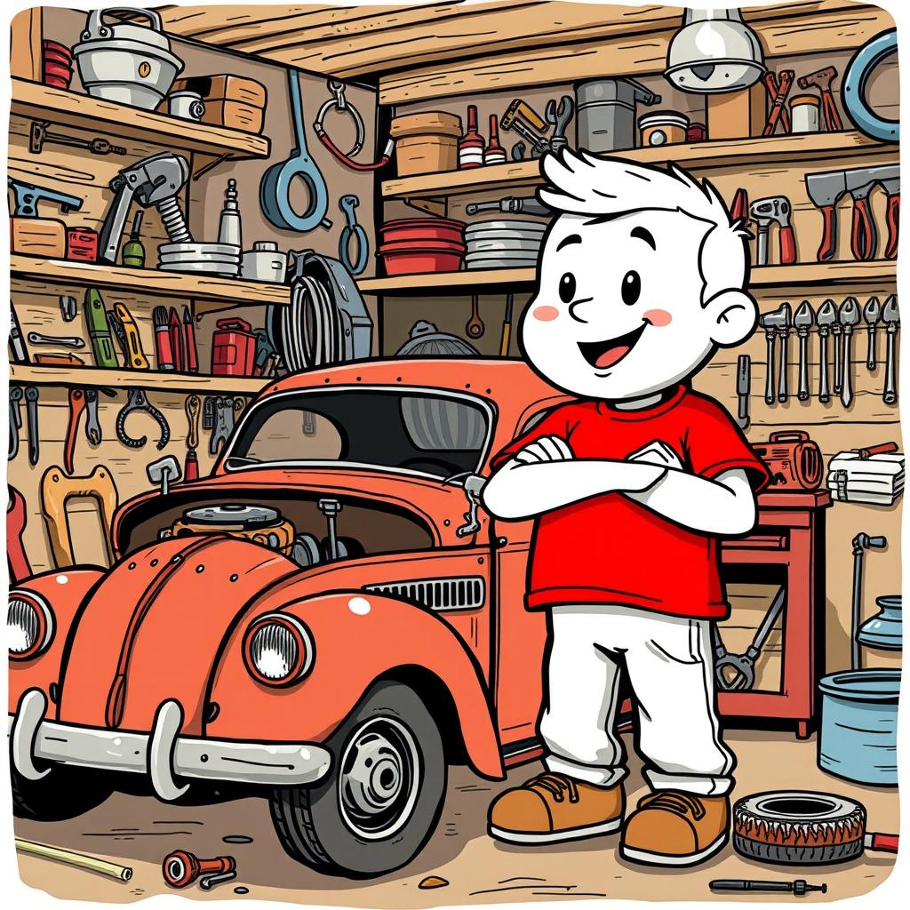 A white cartoon character wearing a vivid red T-shirt, focused on repairing an old, broken car in a garage setting