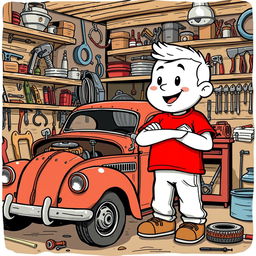 A white cartoon character wearing a vivid red T-shirt, focused on repairing an old, broken car in a garage setting