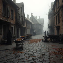 An evocative and artistic scene depicting a plague-stricken town, embodying a sense of despair and haunting beauty