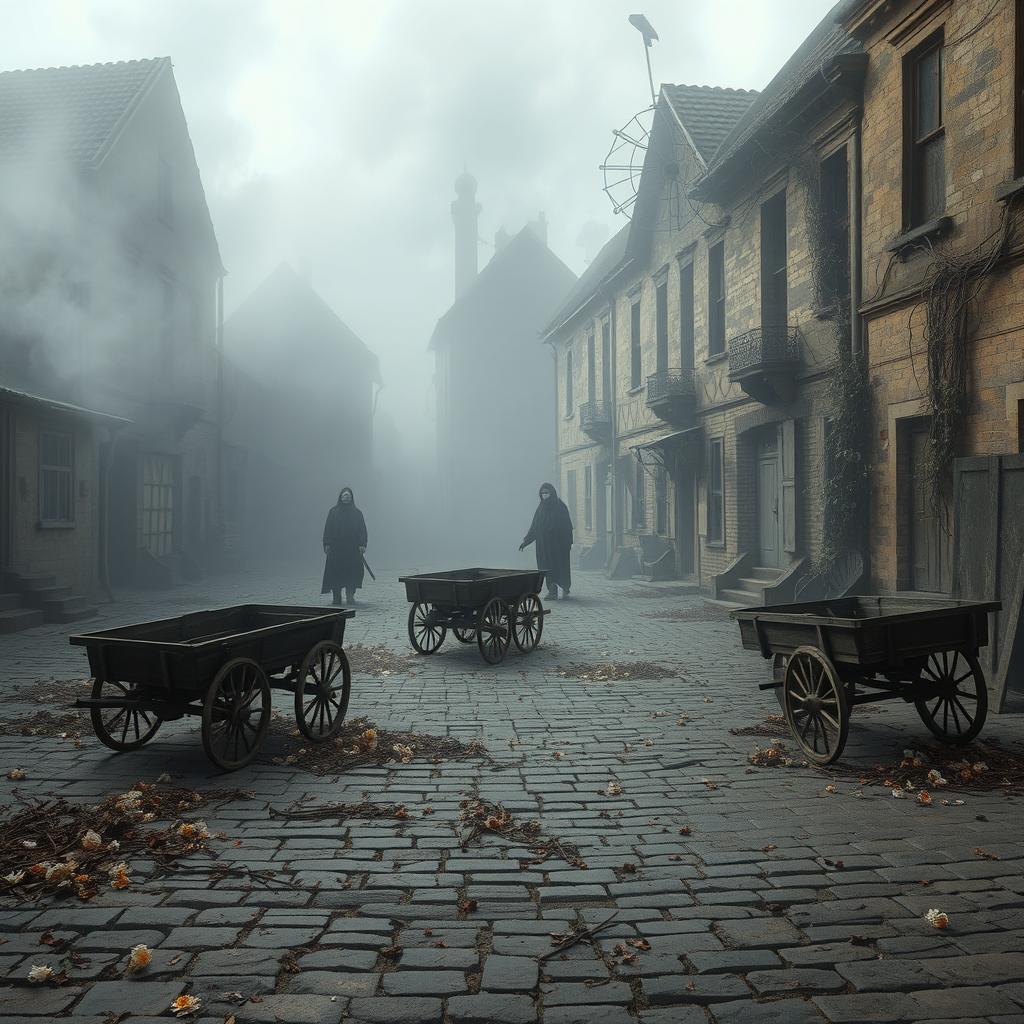 An evocative and artistic scene depicting a plague-stricken town, embodying a sense of despair and haunting beauty