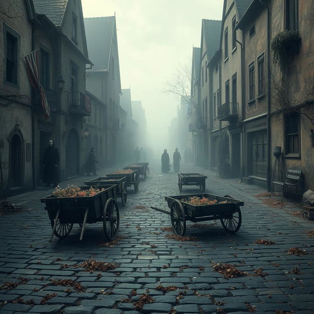 An evocative and artistic scene depicting a plague-stricken town, embodying a sense of despair and haunting beauty