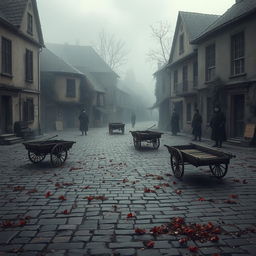 An evocative and artistic scene depicting a plague-stricken town, embodying a sense of despair and haunting beauty