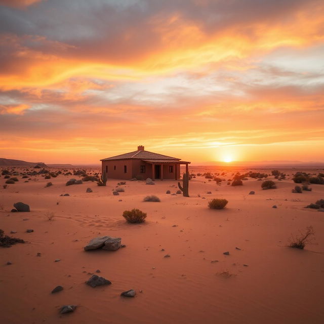 A picturesque desert scene featuring a solitary house in the middle of an expansive sandy landscape