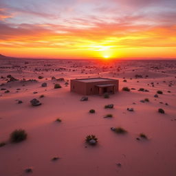 A picturesque desert scene featuring a solitary house in the middle of an expansive sandy landscape