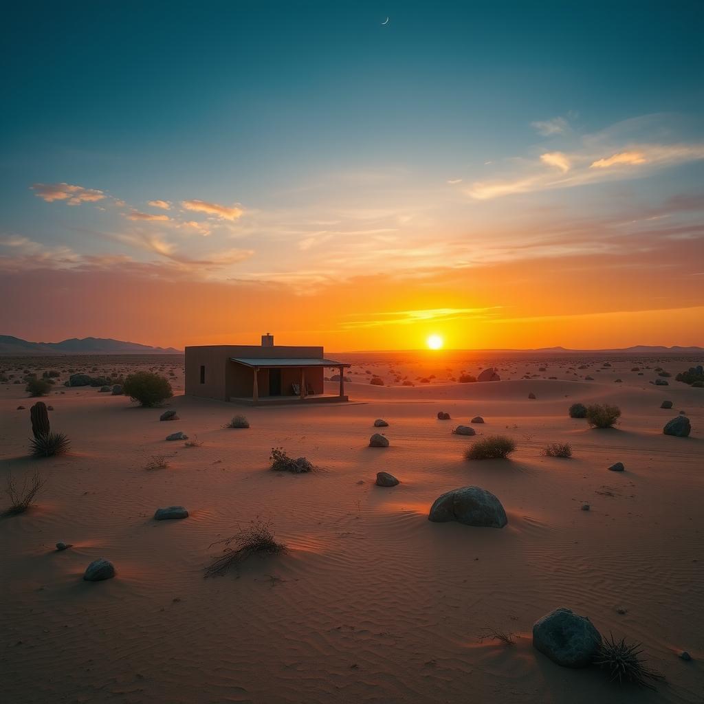 A picturesque desert scene featuring a solitary house in the middle of an expansive sandy landscape