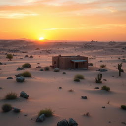 A picturesque desert scene featuring a solitary house in the middle of an expansive sandy landscape
