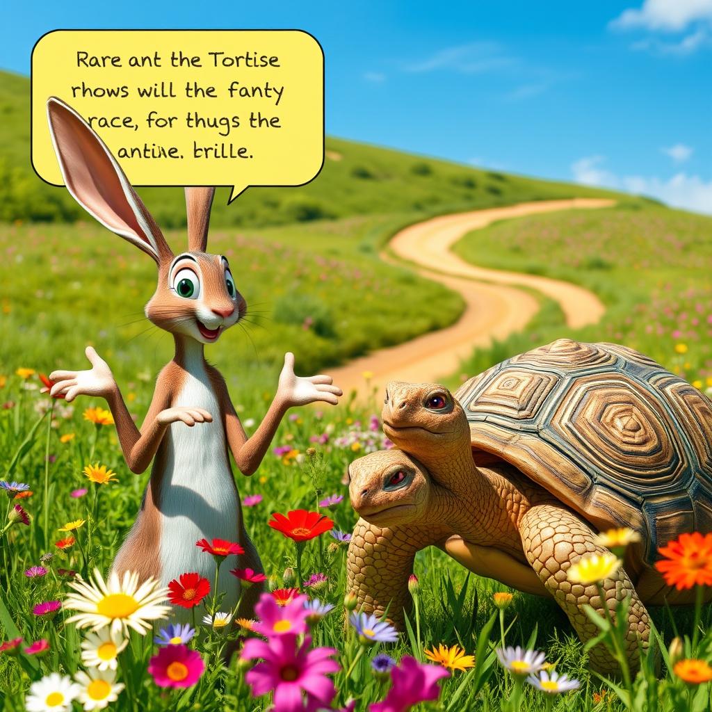 A lively scene featuring a hare and a tortoise in a whimsical discussion