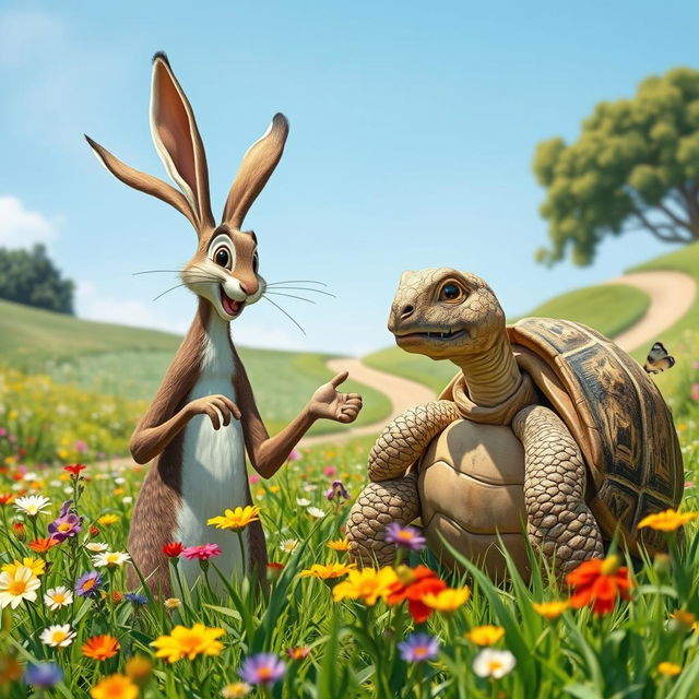 A lively scene featuring a hare and a tortoise in a whimsical discussion