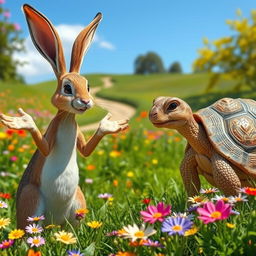 A lively scene featuring a hare and a tortoise in a whimsical discussion