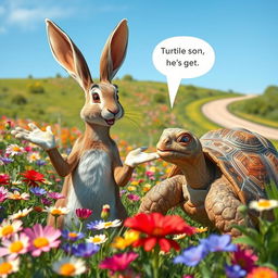 A lively scene featuring a hare and a tortoise in a whimsical discussion