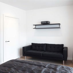 A minimalist bedroom interior featuring a clean, white wall