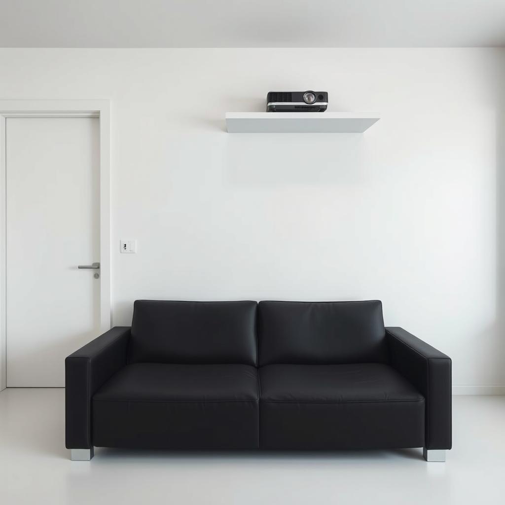 A minimalist bedroom interior featuring a clean, white wall