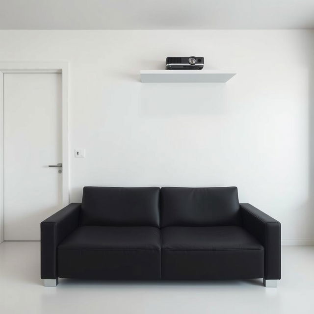 A minimalist bedroom interior featuring a clean, white wall
