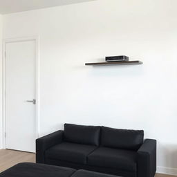 A minimalist bedroom interior featuring a clean, white wall