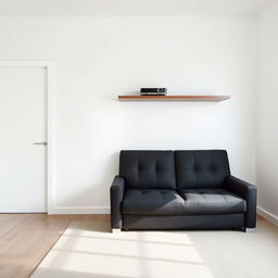 A minimalist bedroom interior featuring a clean, white wall