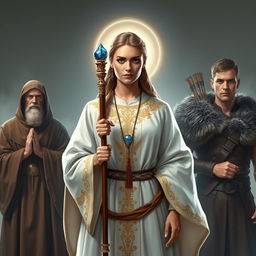 A central figure, the priestess, stands confidently