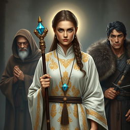 A central figure, the priestess, stands confidently