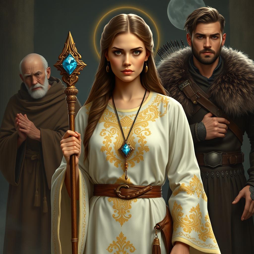 A central figure, the priestess, stands confidently